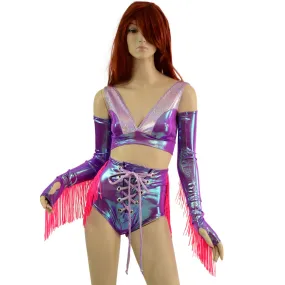 4PC Laceup Fringe Shorts, Fingerless Gloves, and Bralette Set