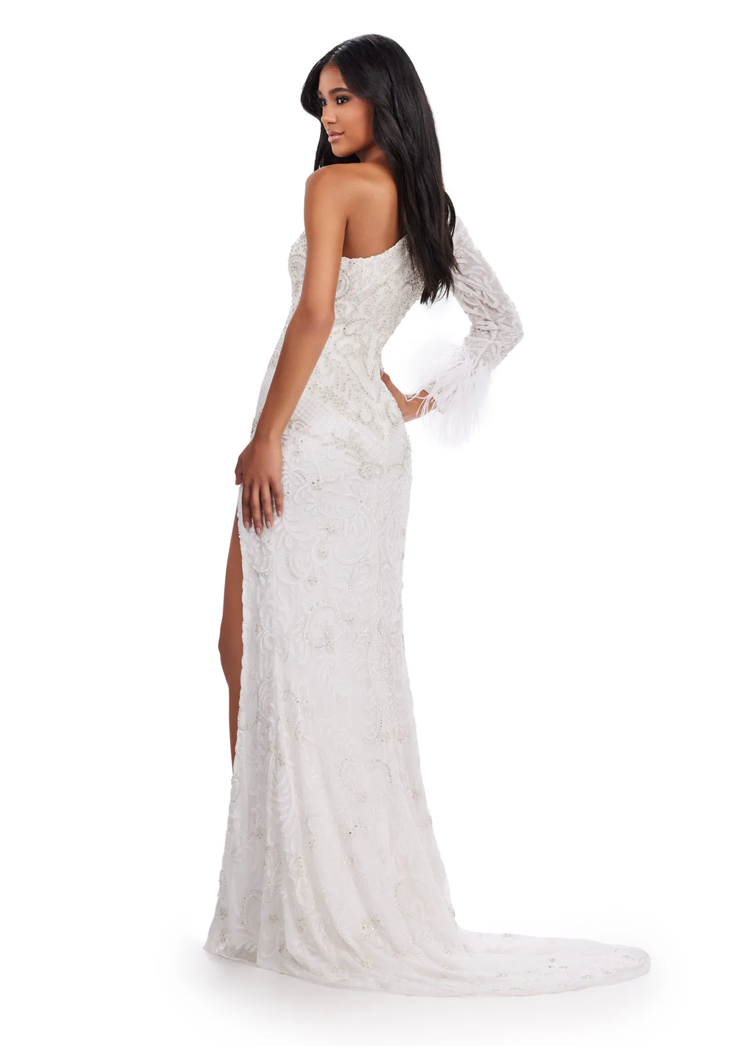 Ashley Lauren 11649 Size 0 Ivory Feather One Shoulder Long Sleeve Dress Cut Out Beaded Pageant Gown