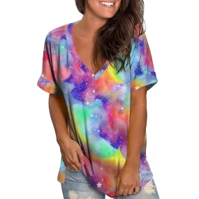 Ashore Shop Fashion Women's T-shirt Summer Loose Tie Dye Print V-neck Short Sleeve Top Street Colorful Gradient Pattern Clothes For Women