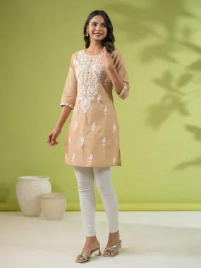 Beige Cambric Embroidered Straight Tunic