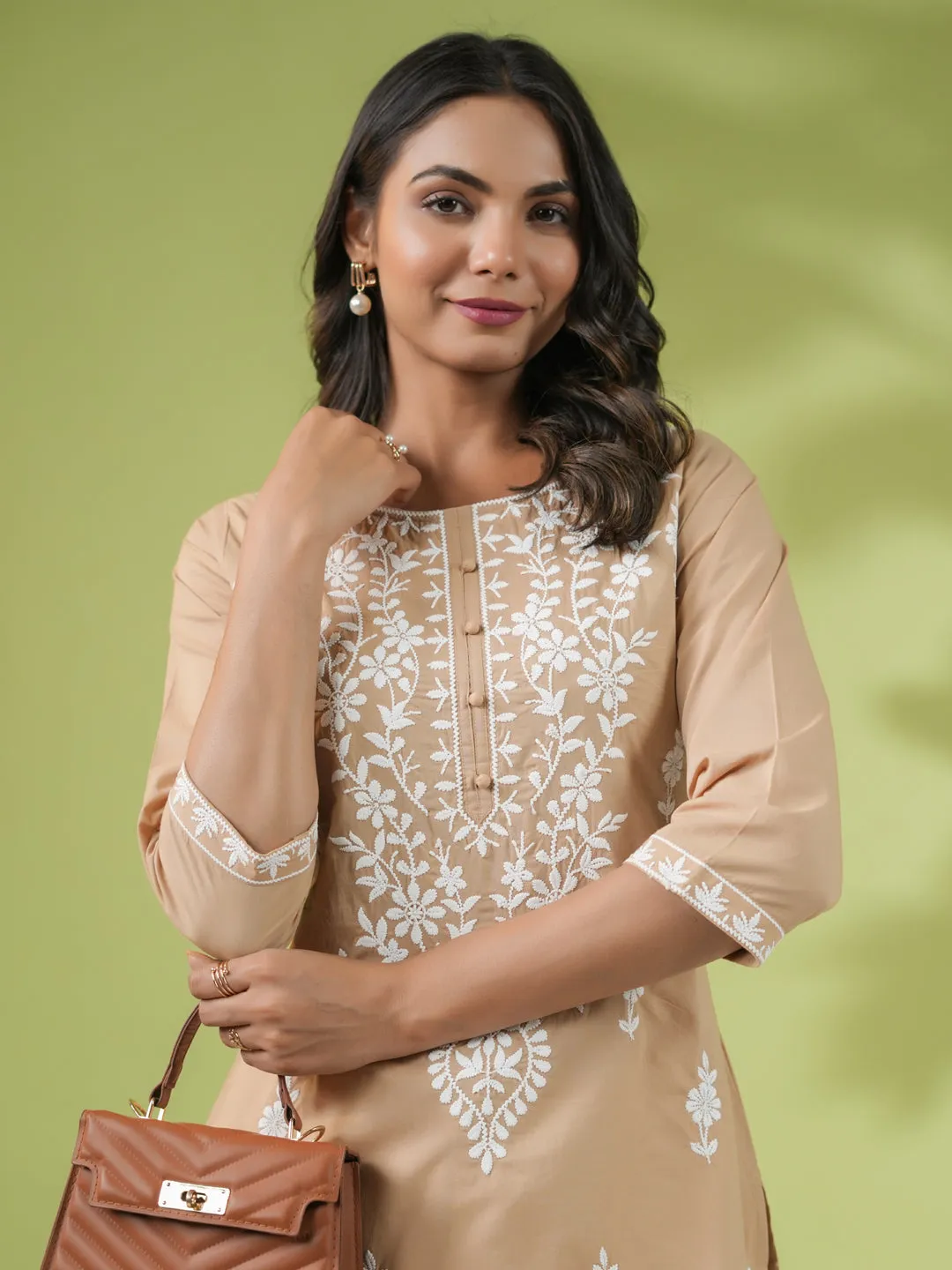 Beige Cambric Embroidered Straight Tunic