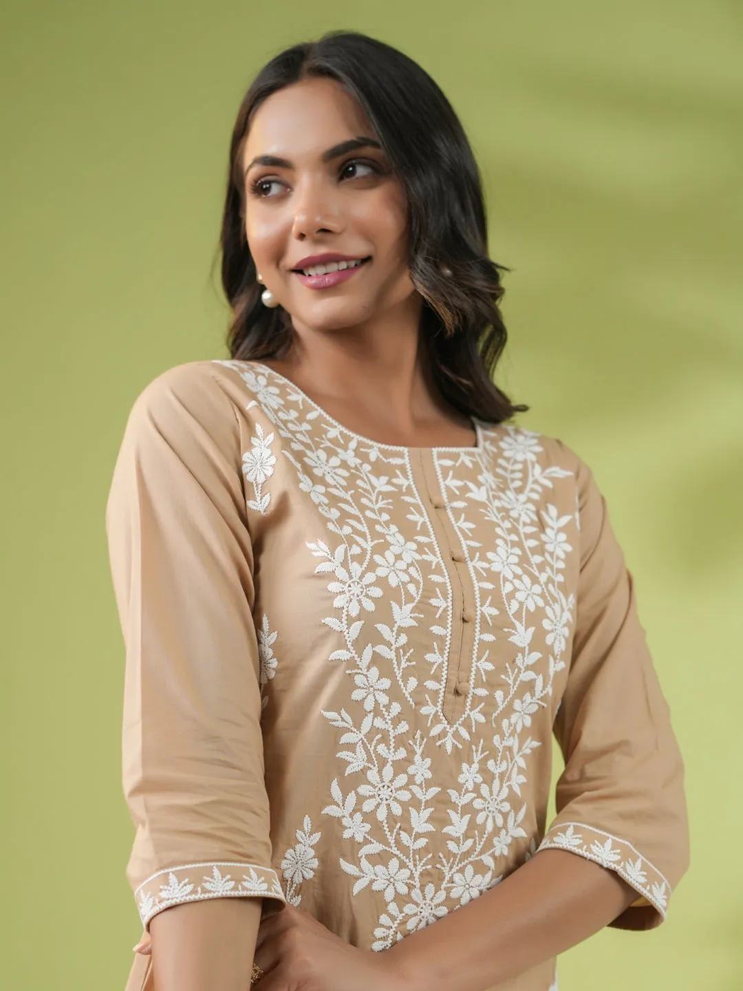 Beige Cambric Embroidered Straight Tunic