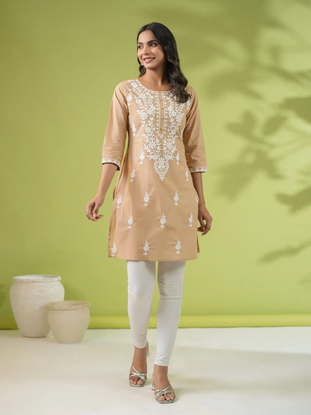 Beige Cambric Embroidered Straight Tunic