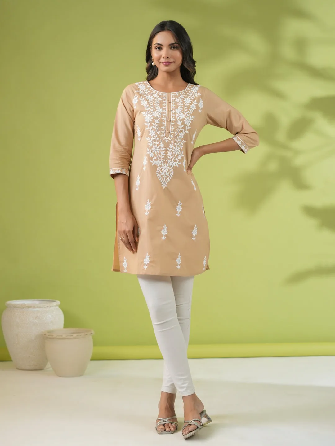 Beige Cambric Embroidered Straight Tunic