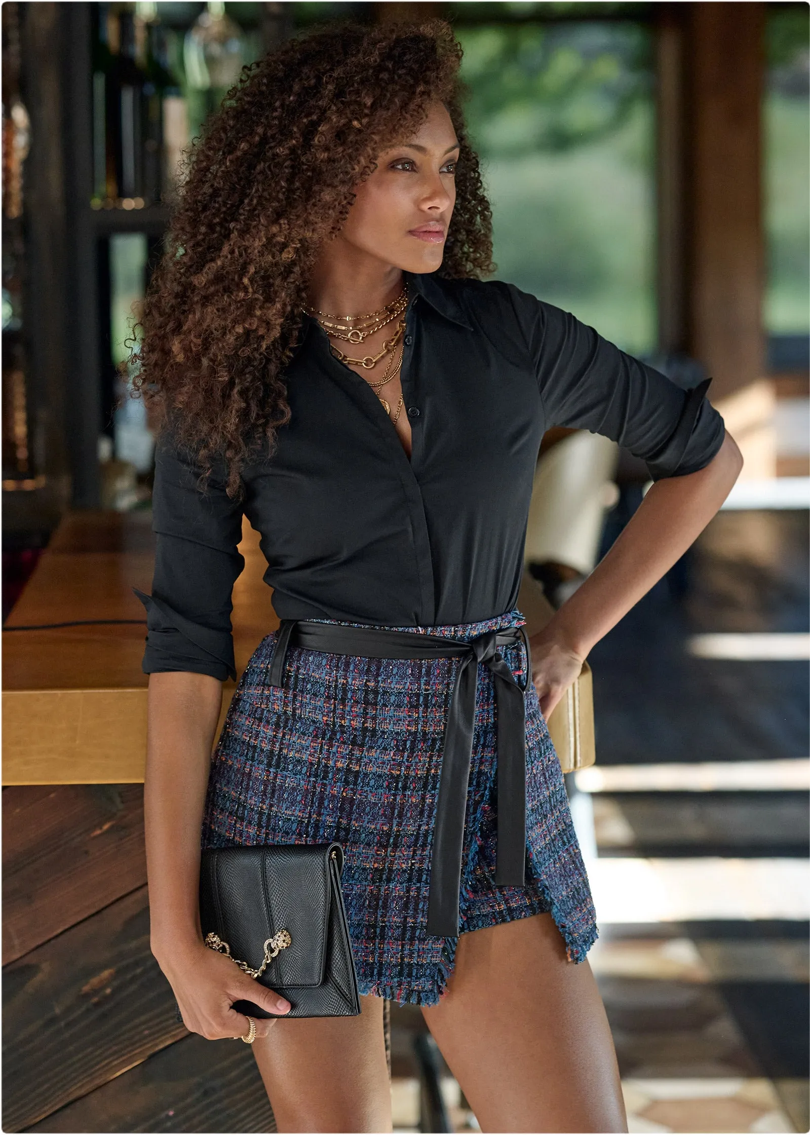 Belted Tweed Skort - Navy Multi