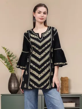 Black & Beige Cotton Embroidered Lucknowi Chikankari Tunic