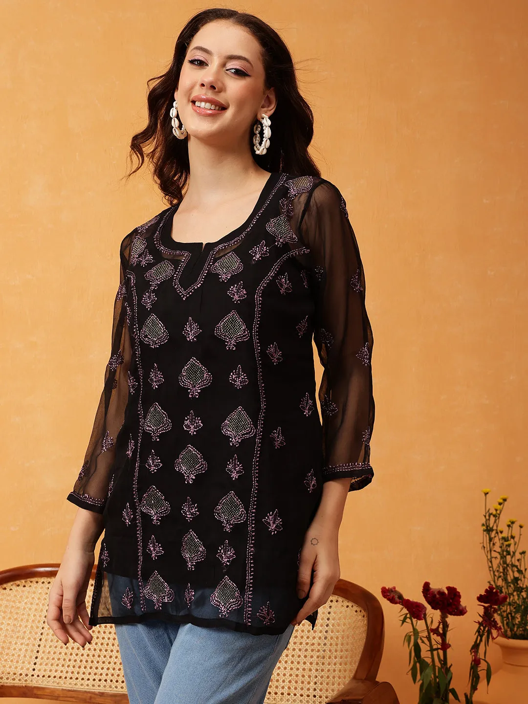 Black & Mauve Georgette Embroidery Chikankari Tunic With Slip