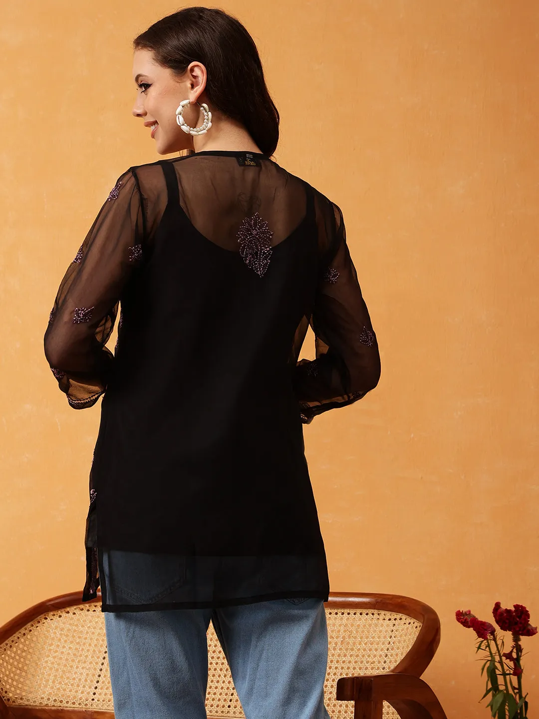 Black & Mauve Georgette Embroidery Chikankari Tunic With Slip