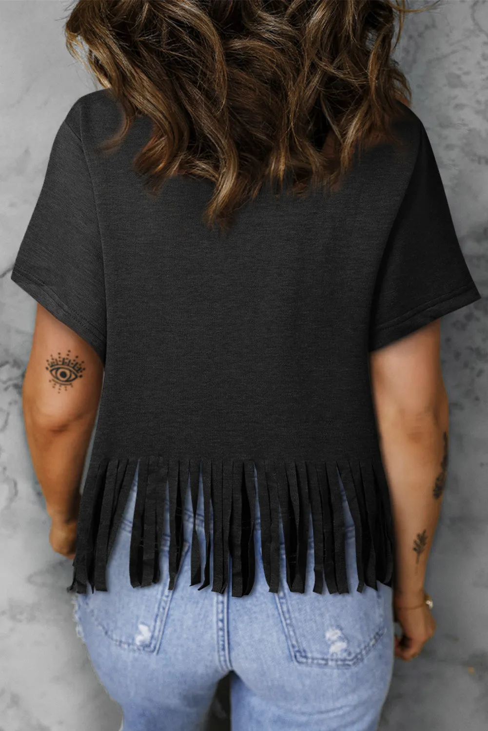 Black Nashville Forever V Neck Fringed T-Shirts