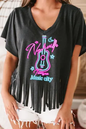 Black Nashville Forever V Neck Fringed T-Shirts