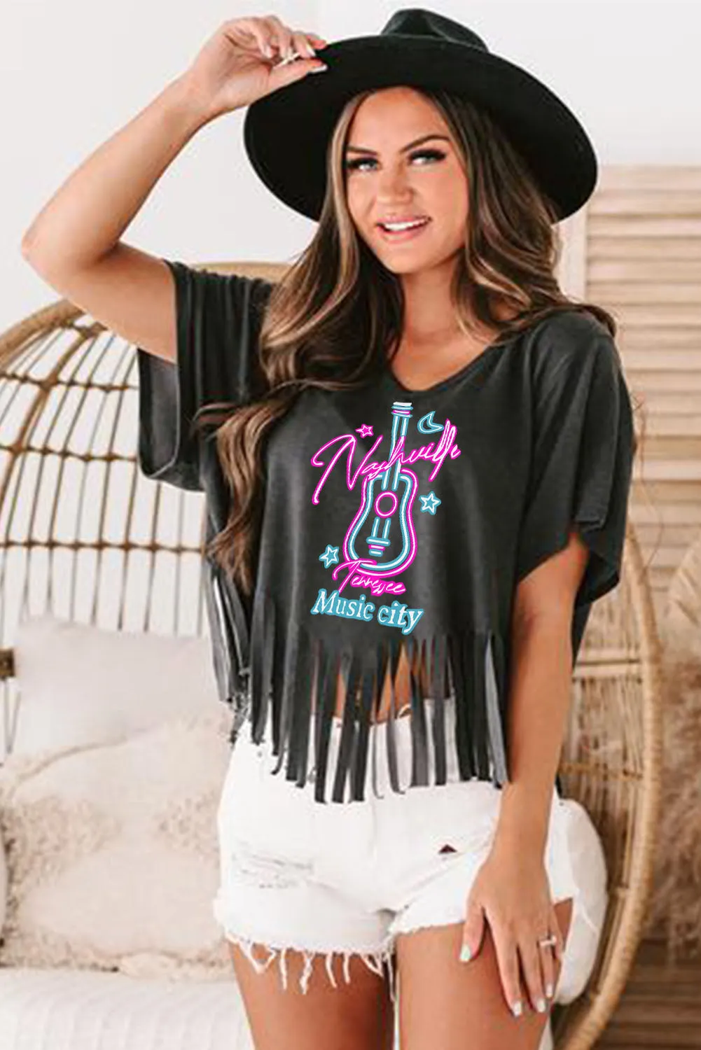 Black Nashville Forever V Neck Fringed T-Shirts