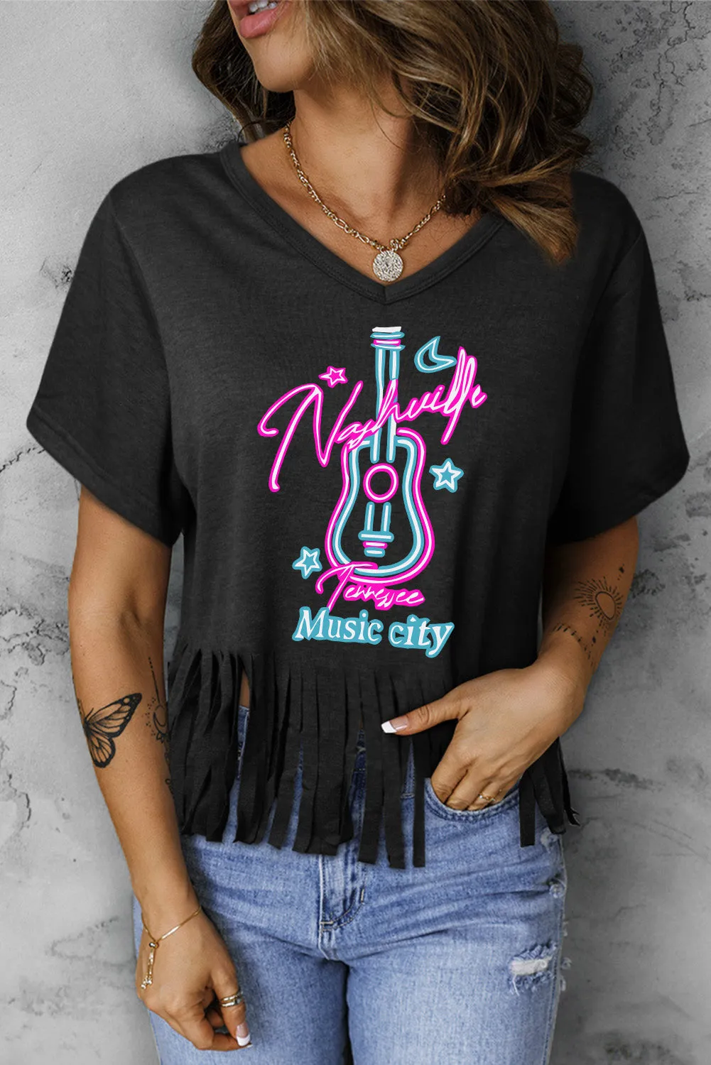 Black Nashville Forever V Neck Fringed T-Shirts