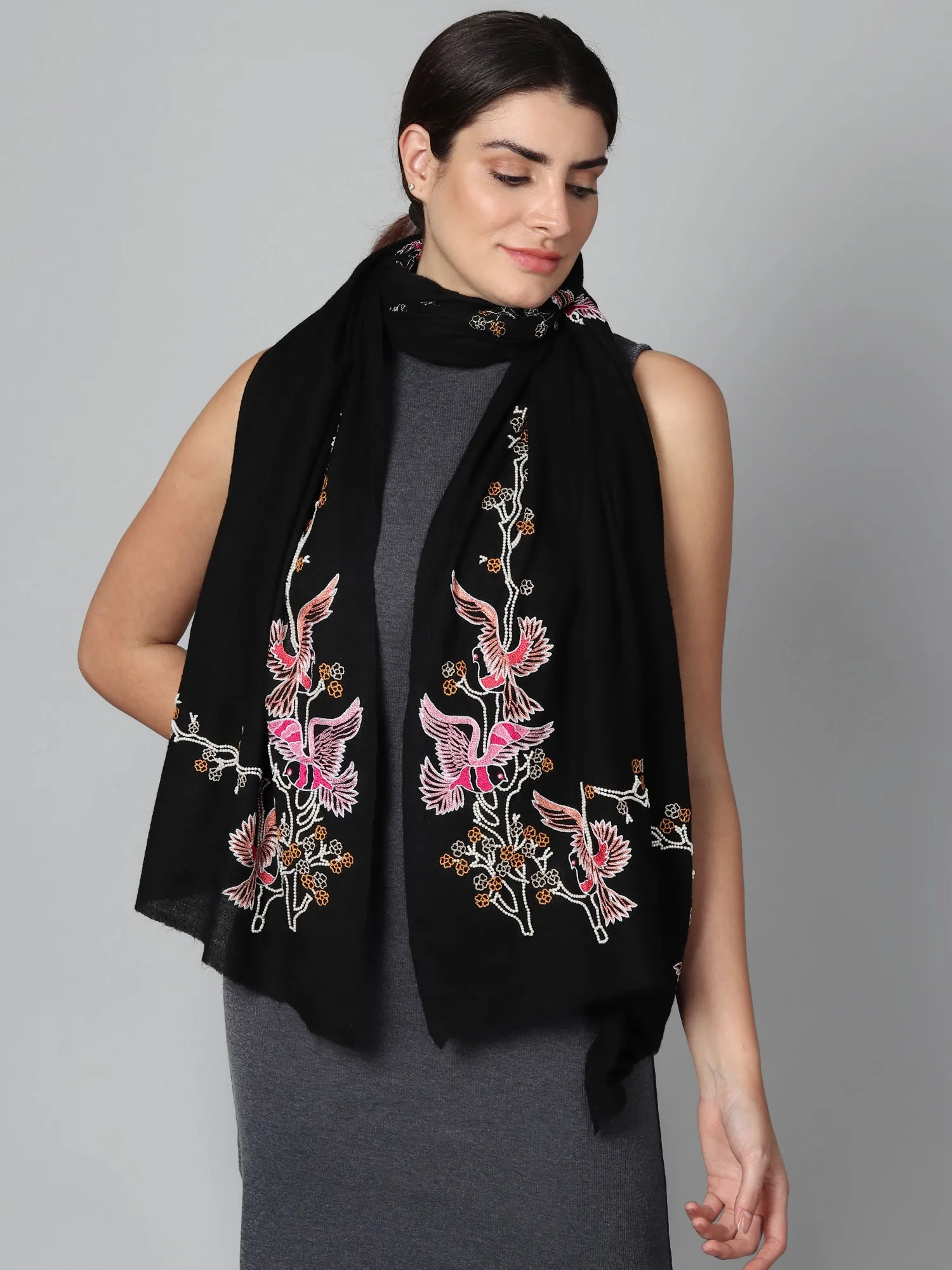 Black Pure Pashmina Shawl with beautiful birds hand embroidery