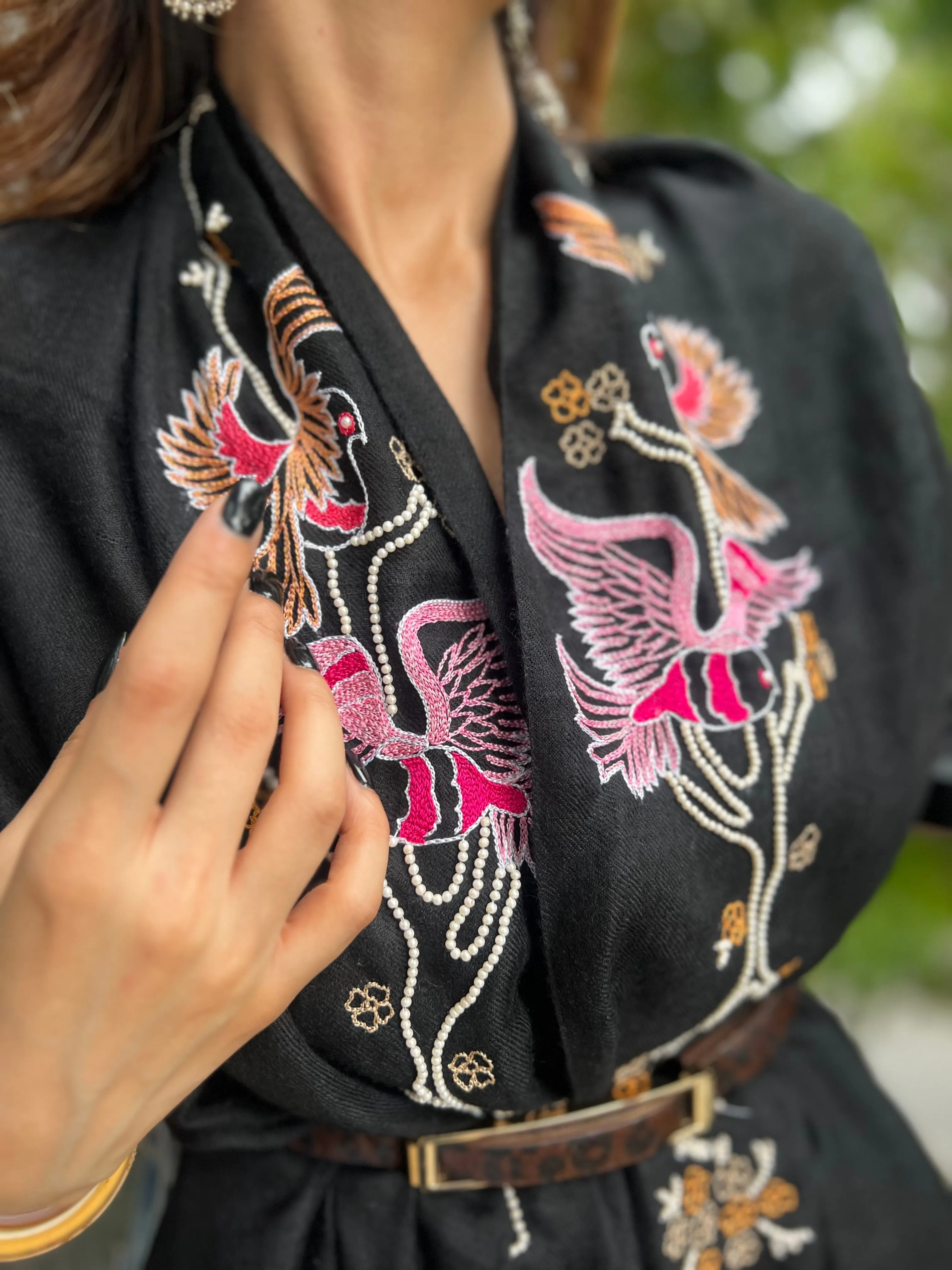 Black Pure Pashmina Shawl with beautiful birds hand embroidery