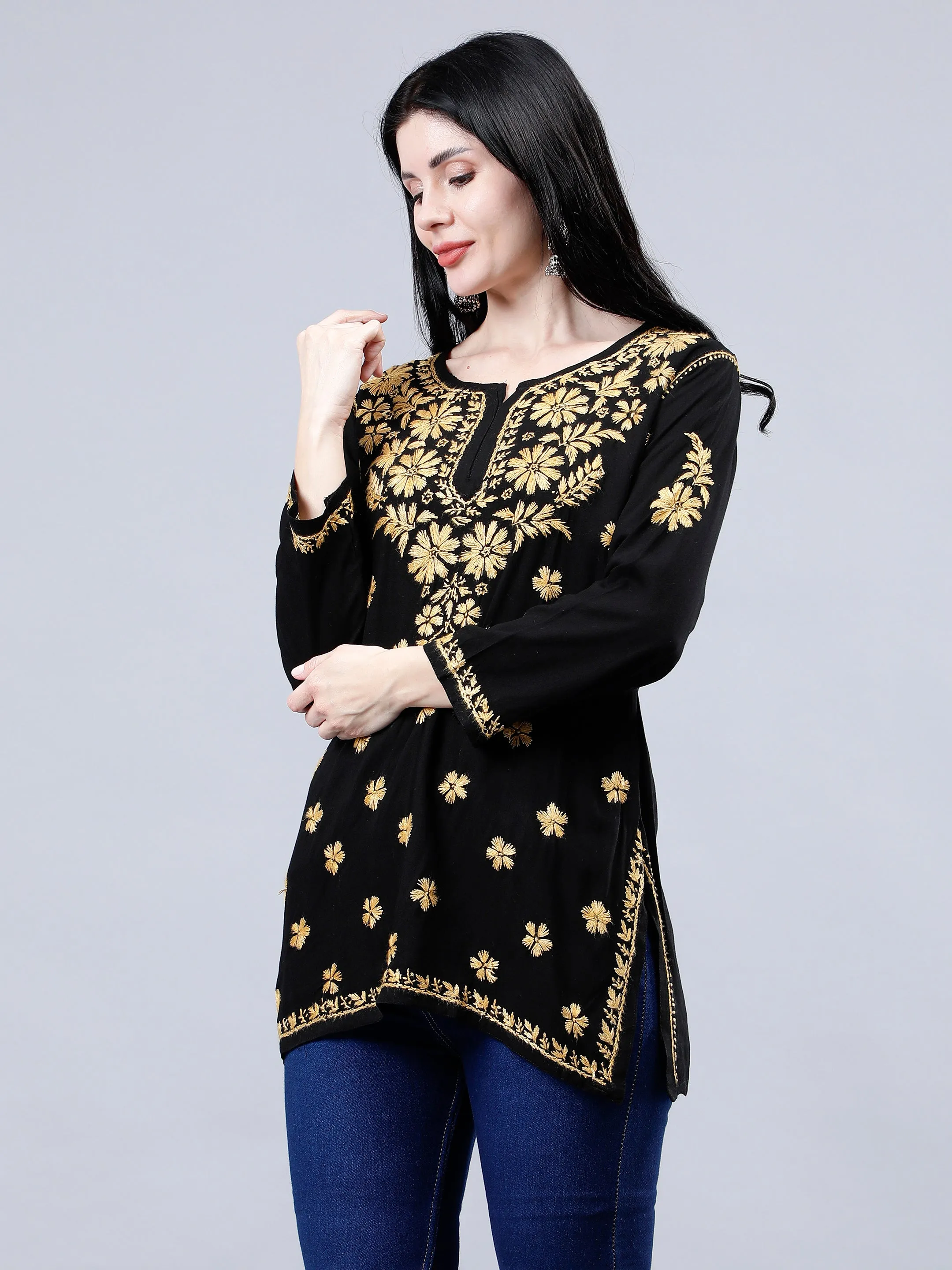 Black Rayon Embroidered Chikankari Short Tunic