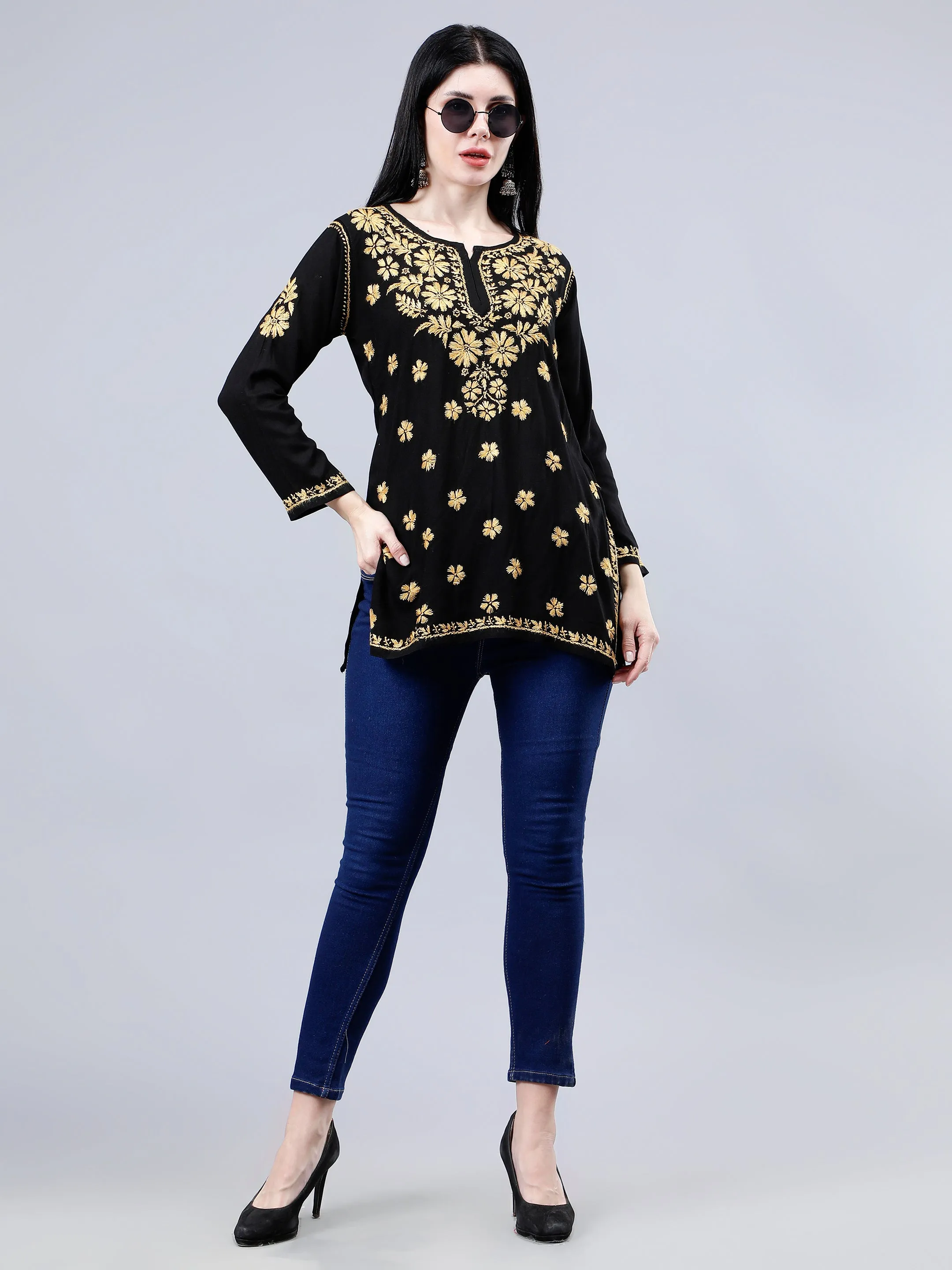 Black Rayon Embroidered Chikankari Short Tunic