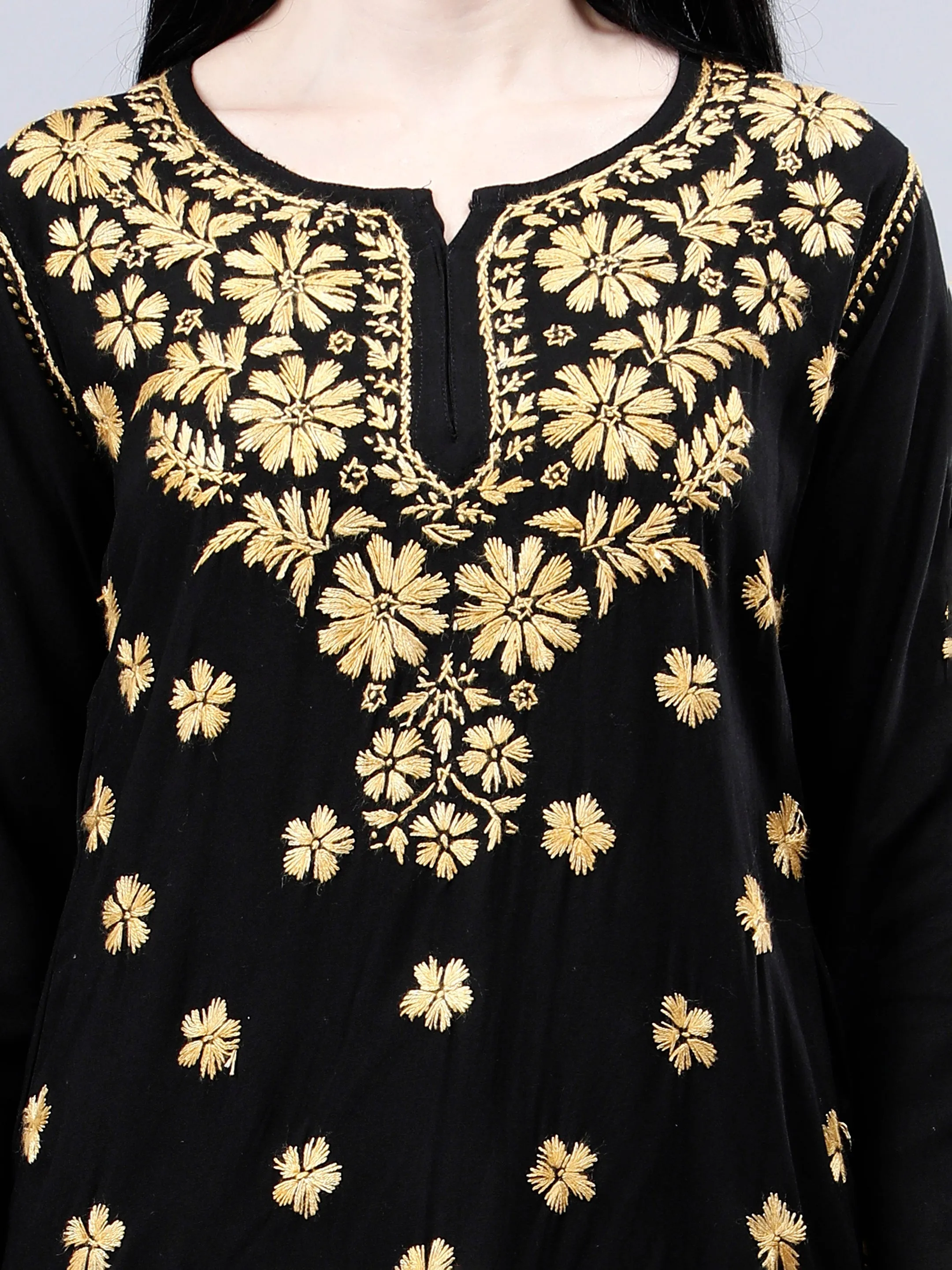 Black Rayon Embroidered Chikankari Short Tunic