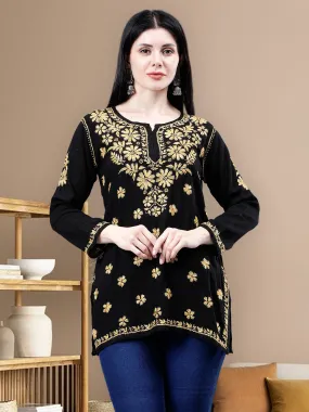 Black Rayon Embroidered Chikankari Short Tunic