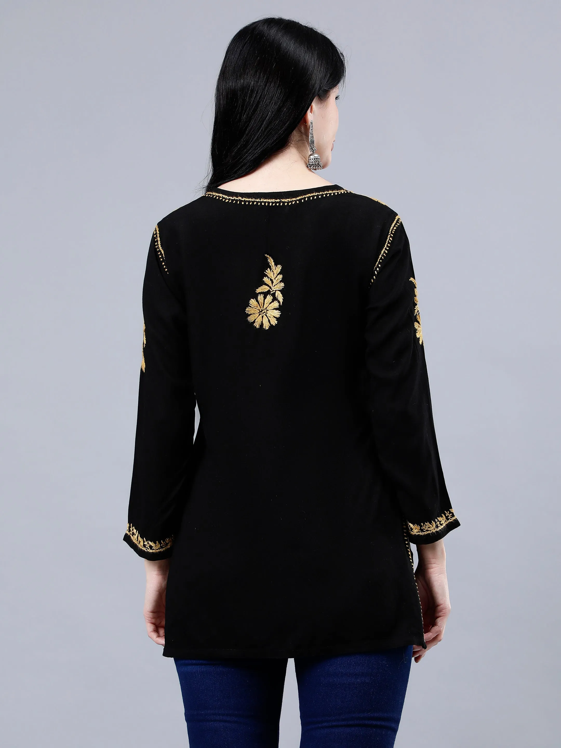 Black Rayon Embroidered Chikankari Short Tunic