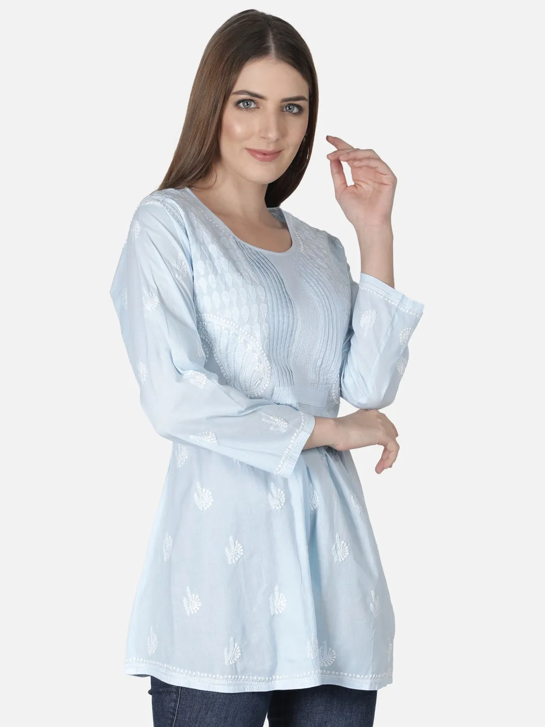 Blue Cotton Lucknowi Chikankari Short Top