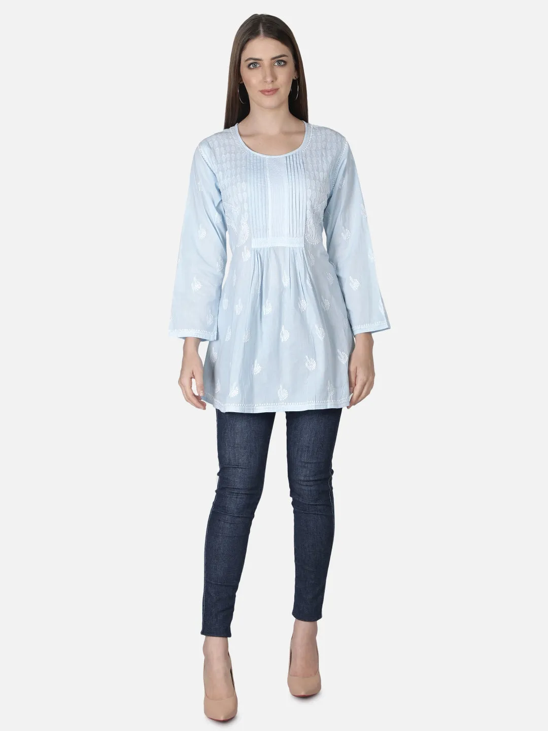 Blue Cotton Lucknowi Chikankari Short Top