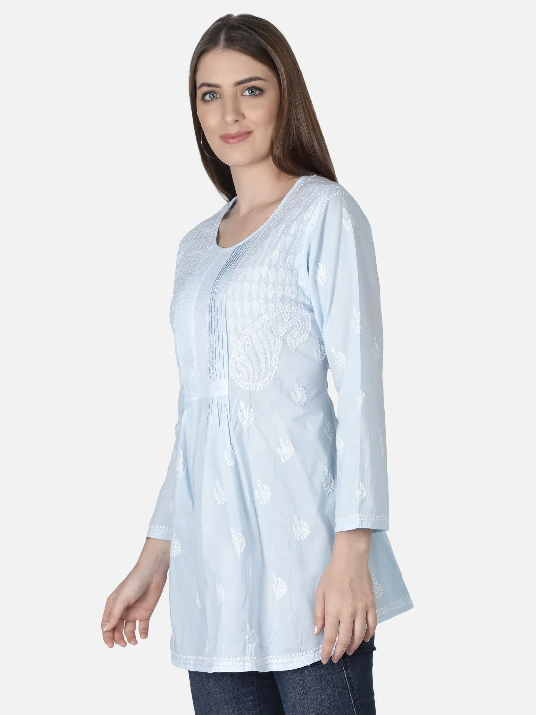 Blue Cotton Lucknowi Chikankari Short Top