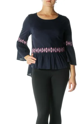 Blue Pink Embroidered Flared Sleeves Top