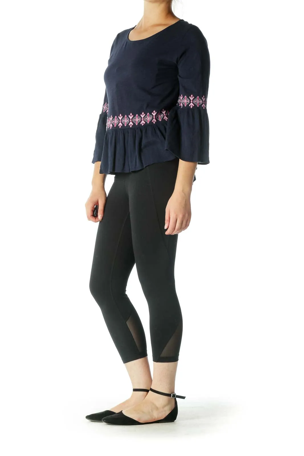 Blue Pink Embroidered Flared Sleeves Top