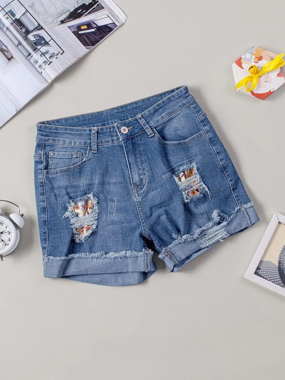 Button-Fly Floral Patch Denim Shorts