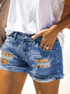 Button-Fly Floral Patch Denim Shorts