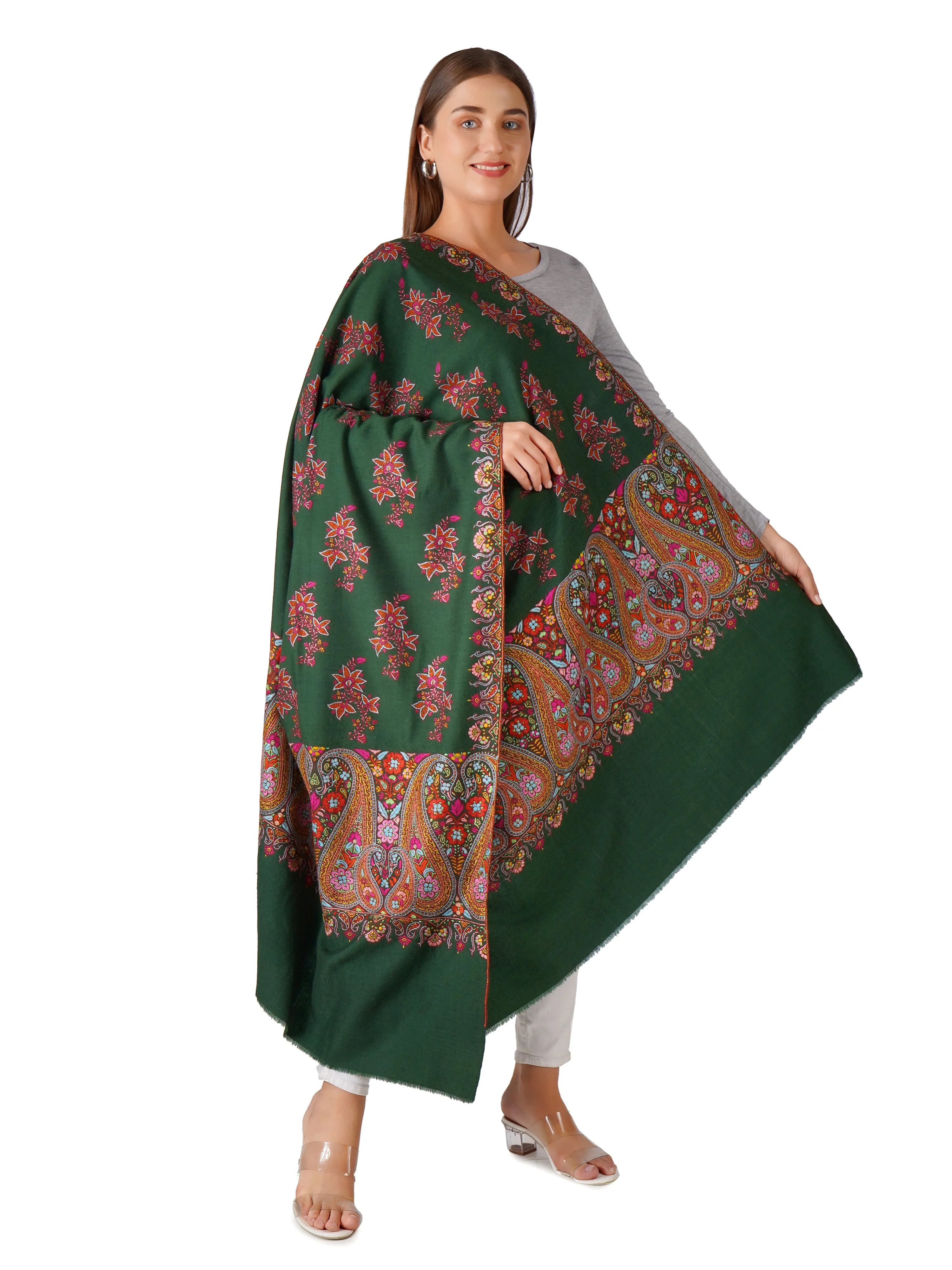 Classic Green Pashmina Shawl with Elegant Embroidery