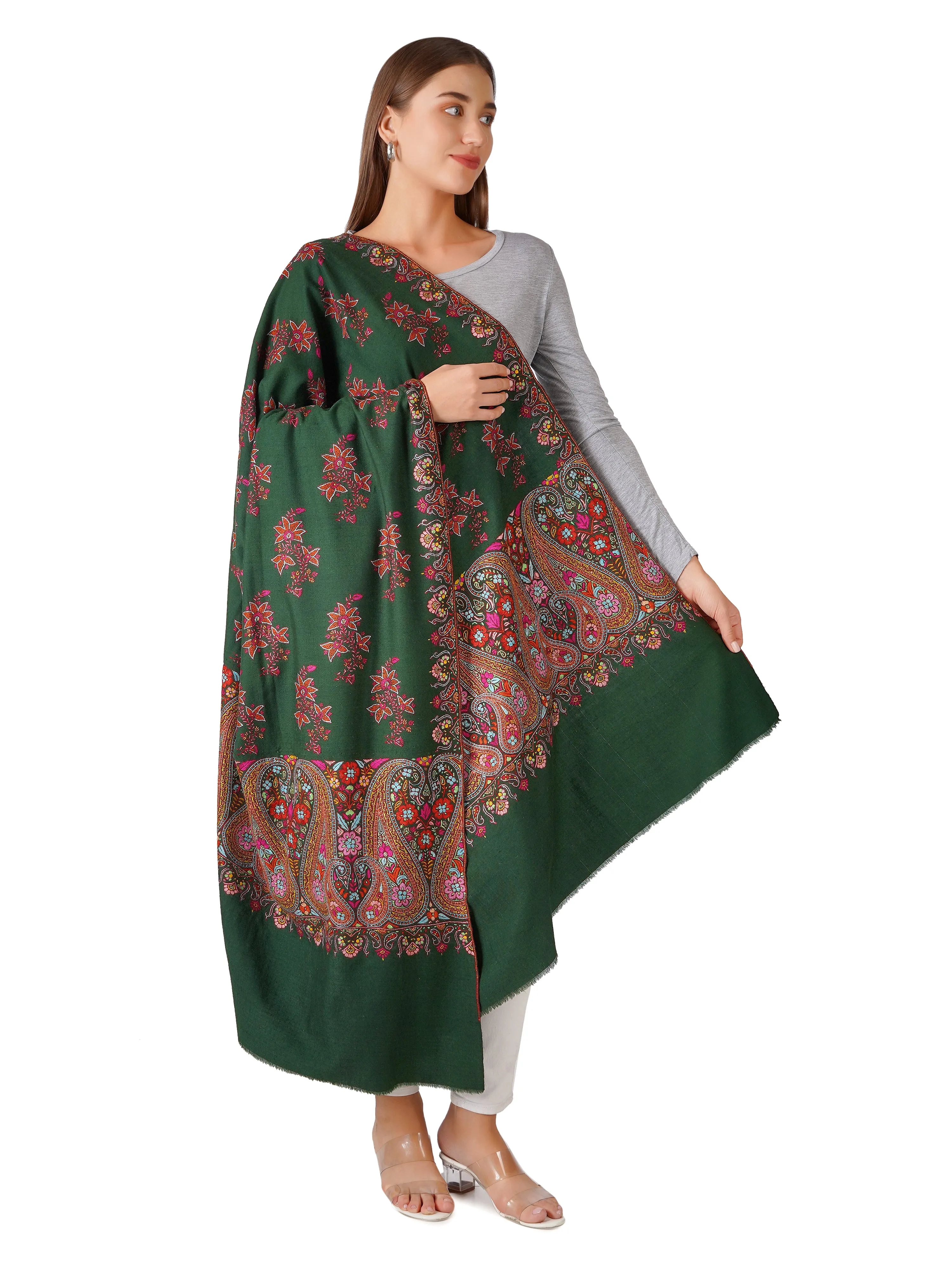 Classic Green Pashmina Shawl with Elegant Embroidery