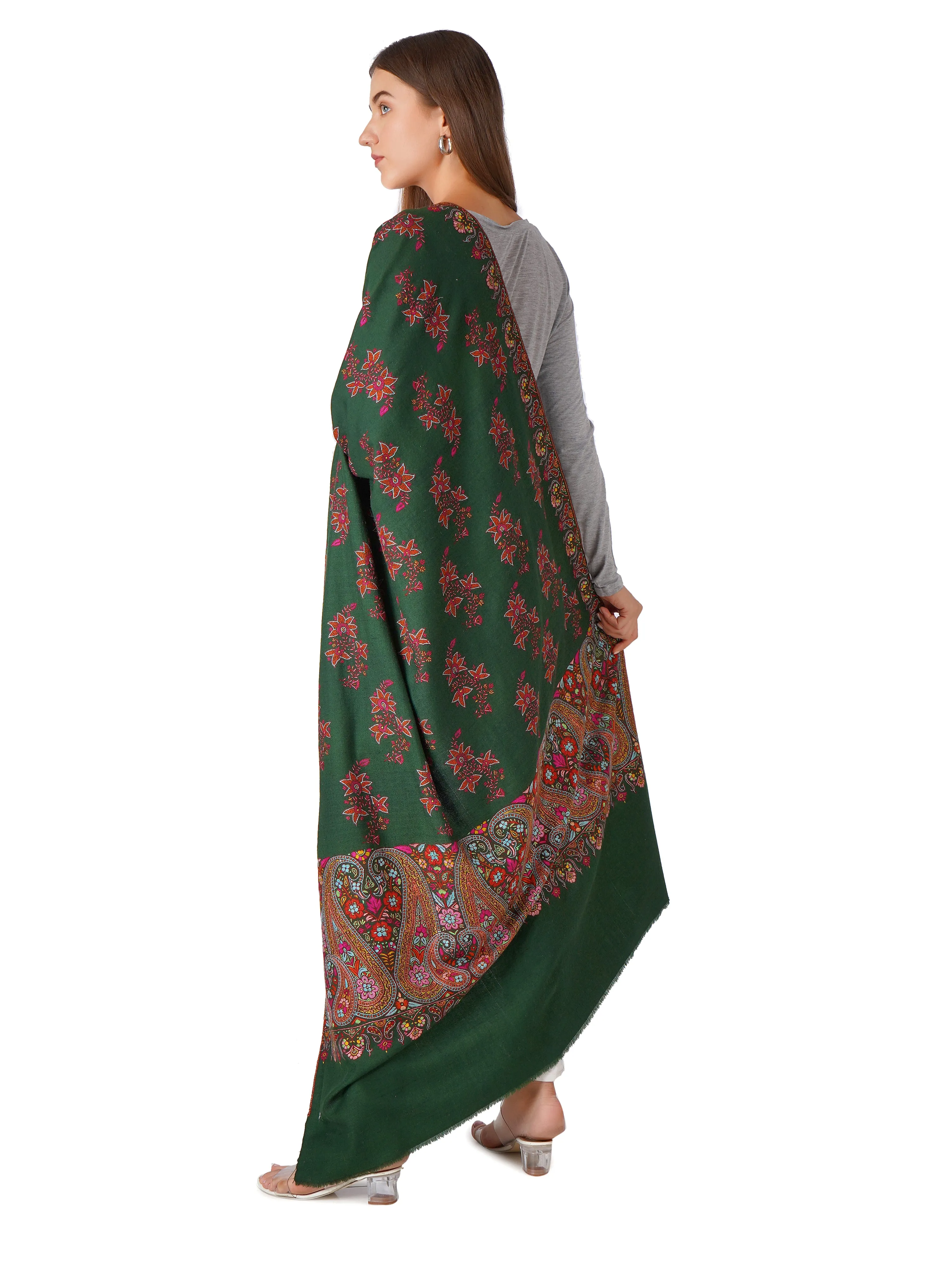 Classic Green Pashmina Shawl with Elegant Embroidery