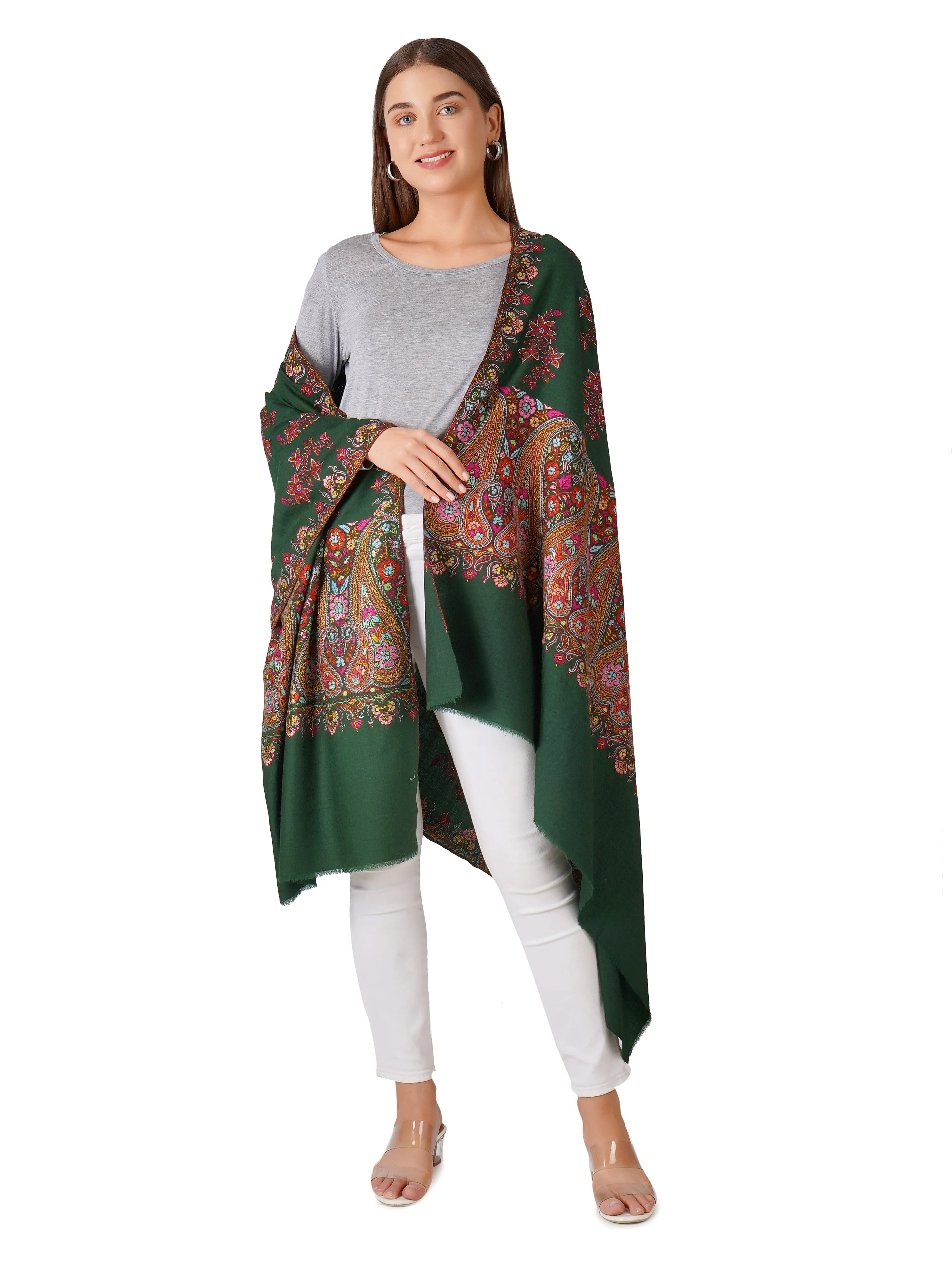 Classic Green Pashmina Shawl with Elegant Embroidery