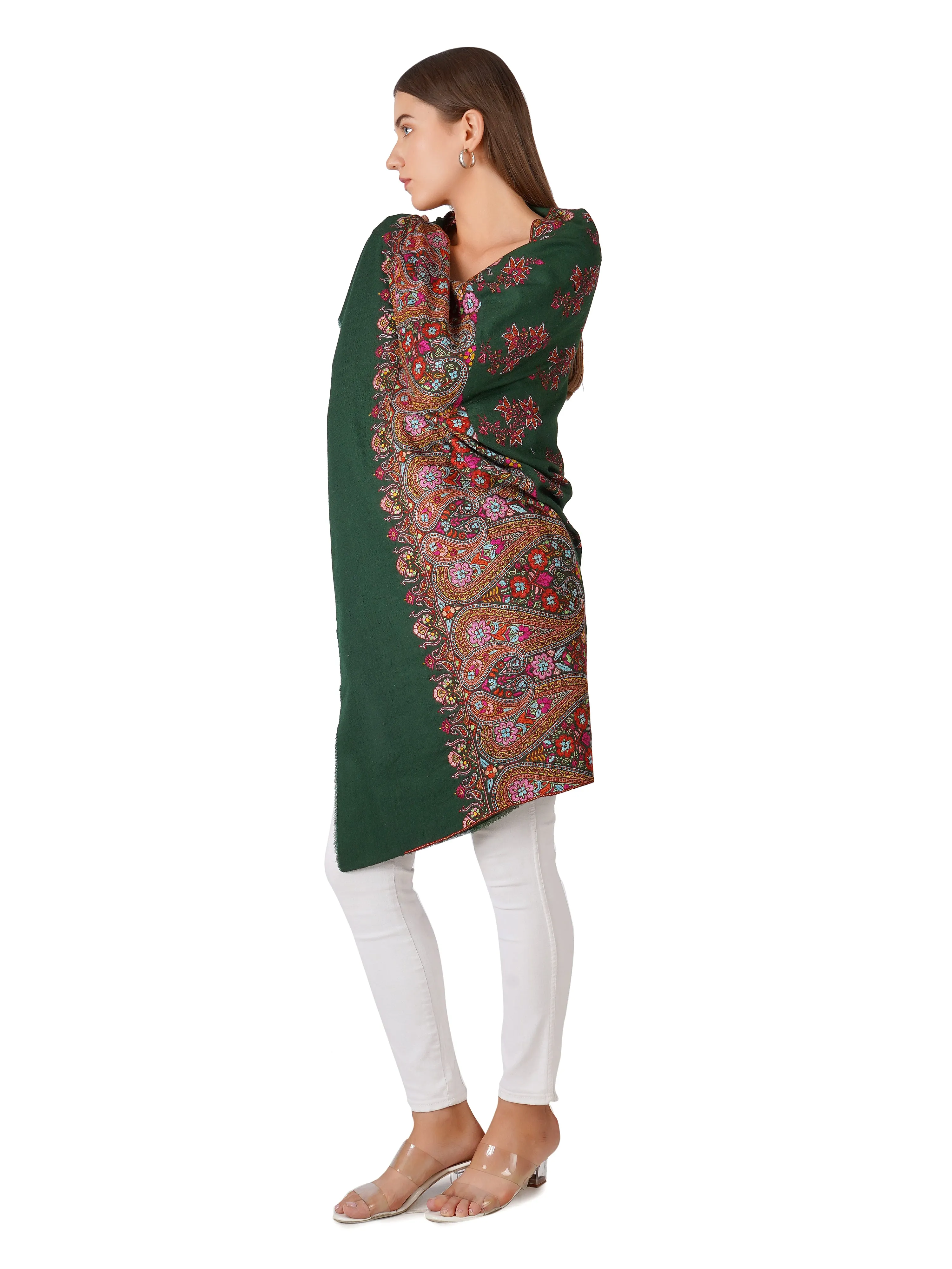 Classic Green Pashmina Shawl with Elegant Embroidery