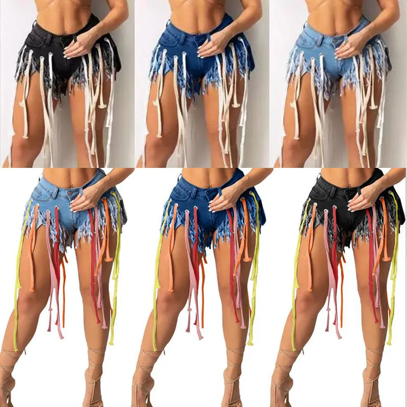 Colorful webbing fringed denim shorts AY1011