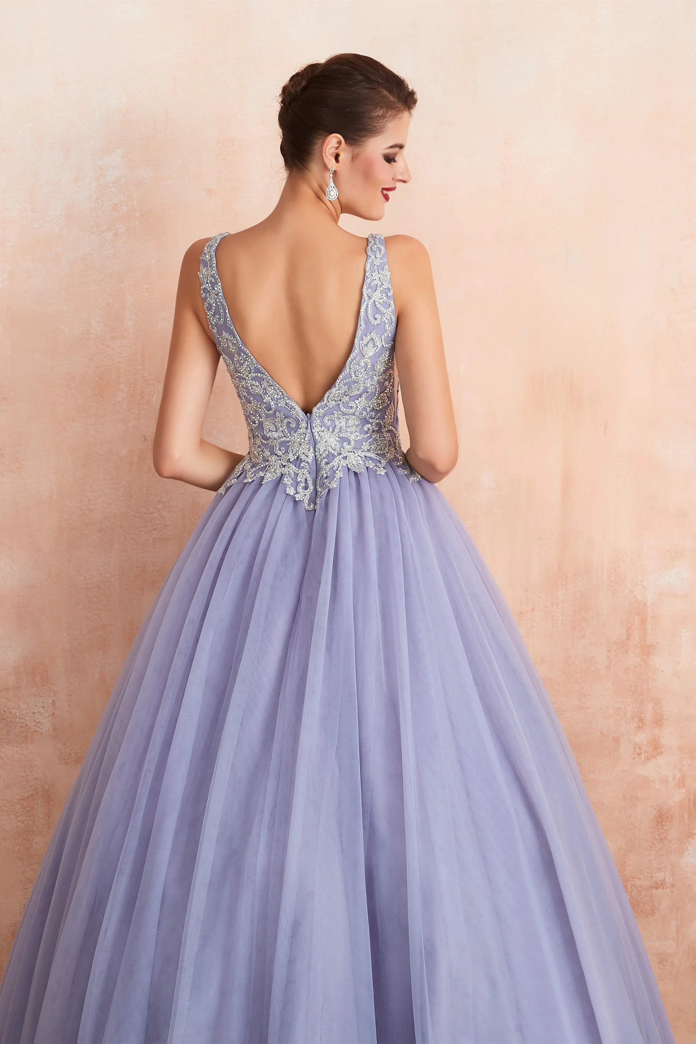 Deep V Neck Beaded Tulle Lavender Prom Dresses