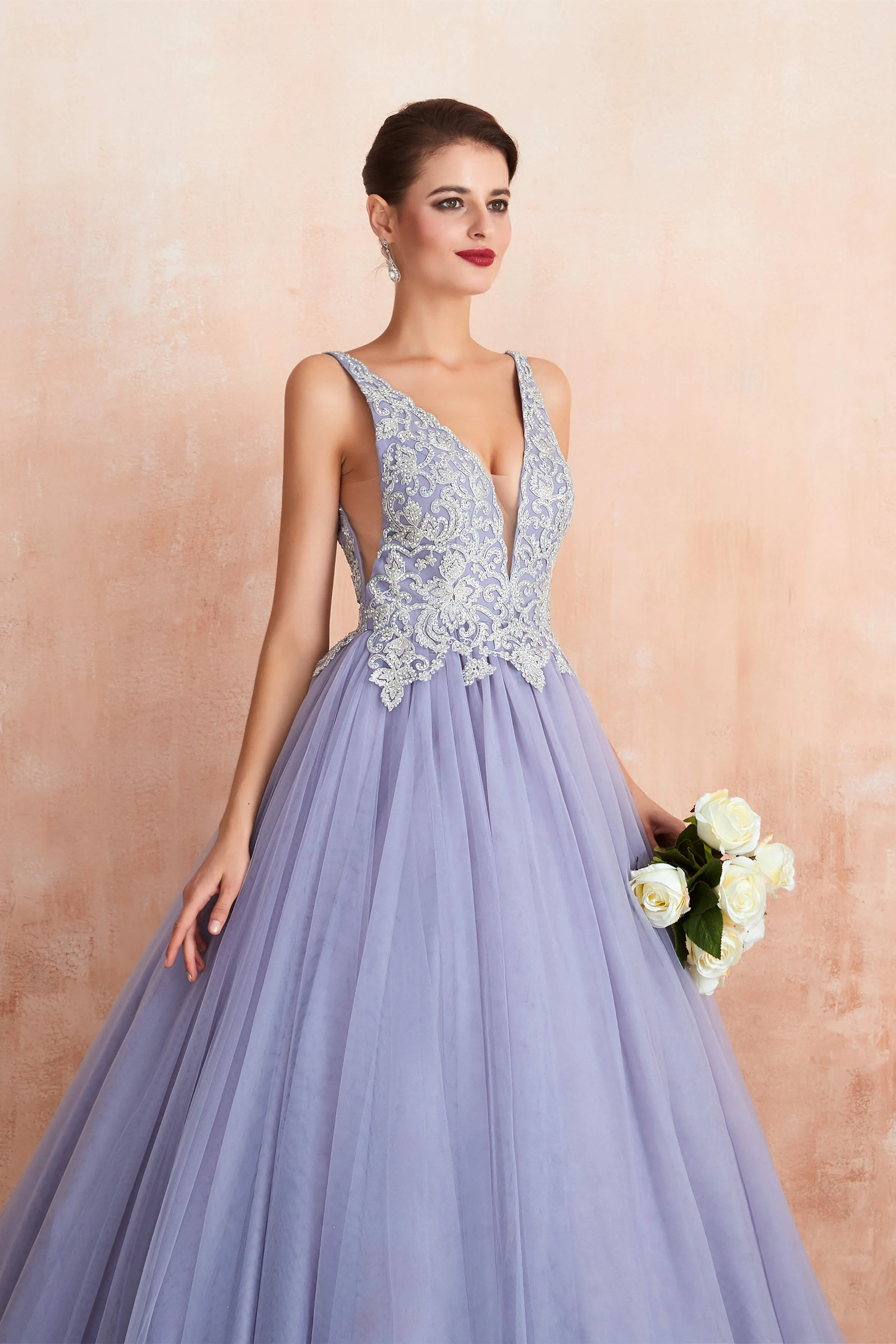 Deep V Neck Beaded Tulle Lavender Prom Dresses