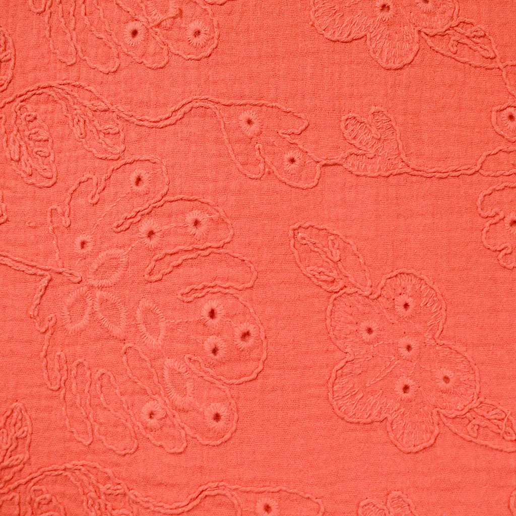 Embroidered Cotton Double Gauze Eyelet Solid Coral