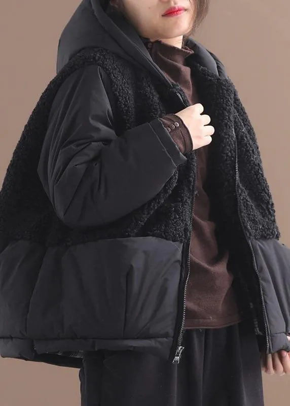 Fashion Black hooded Patchwork Zippered Long Sleeve Winter Coat