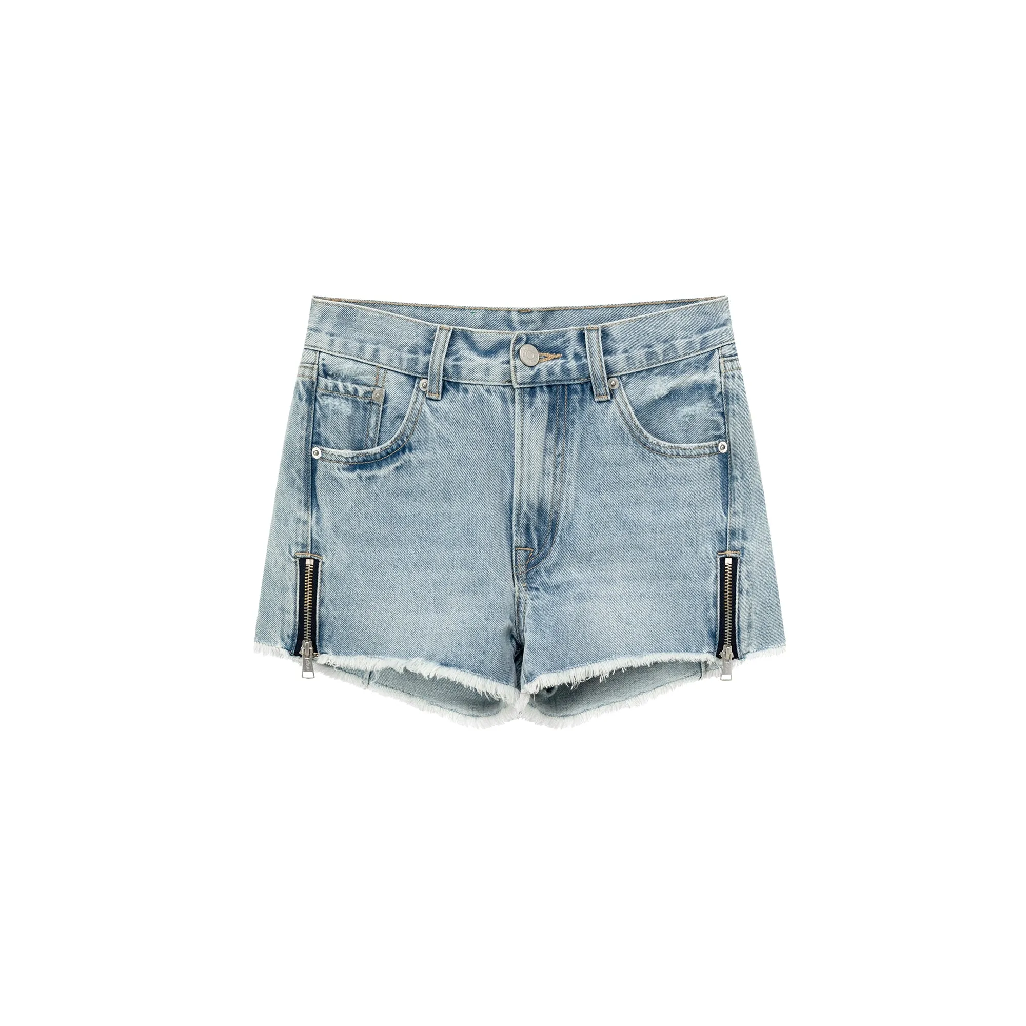 Fringed Hem Side Zippers Denim Shorts