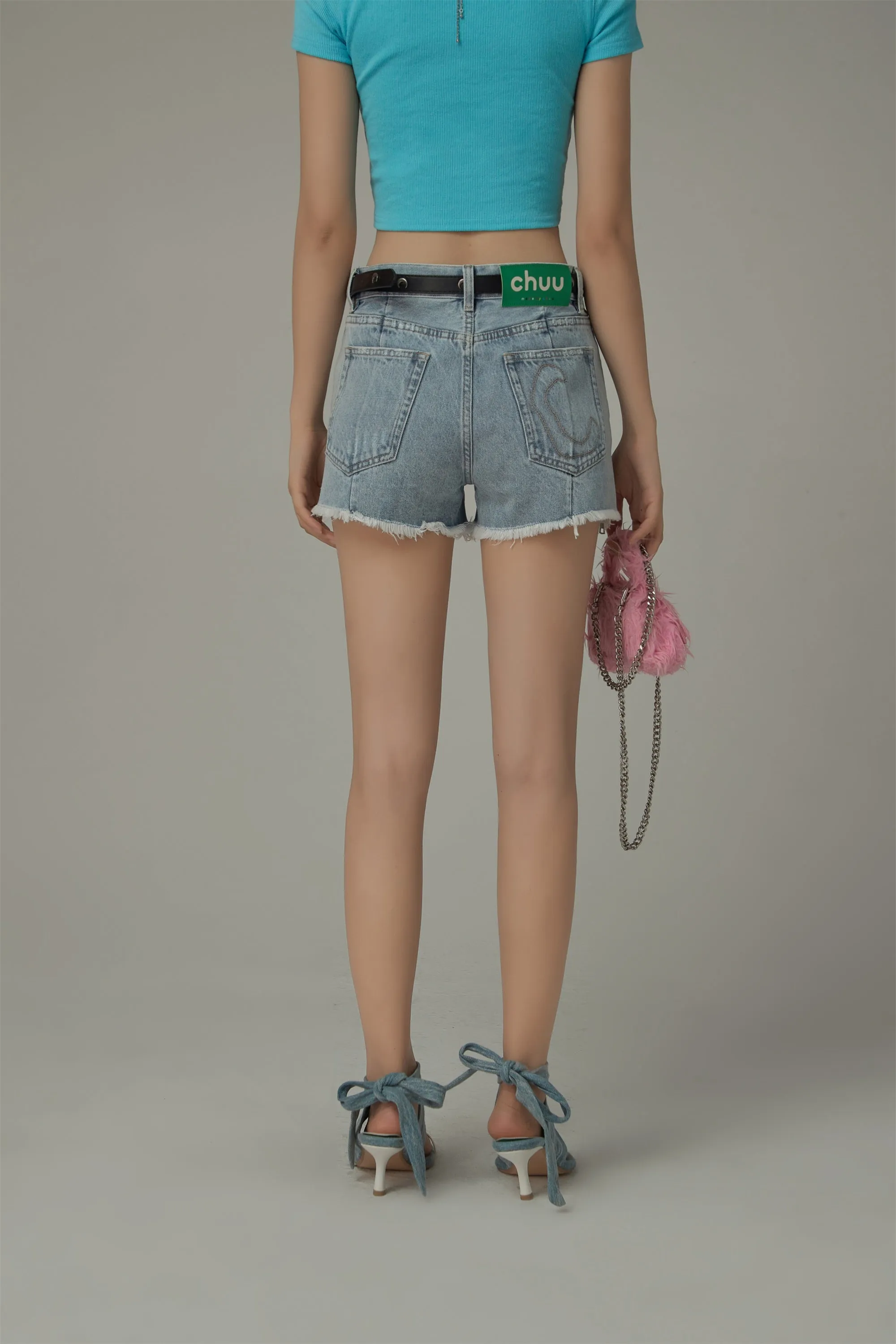 Fringed Hem Side Zippers Denim Shorts