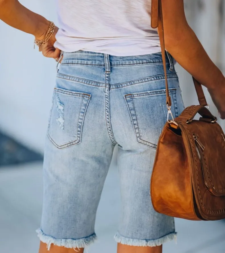 Fringed Raw Hem Distressed Bermuda Denim Shorts (Light Blue/Gray)