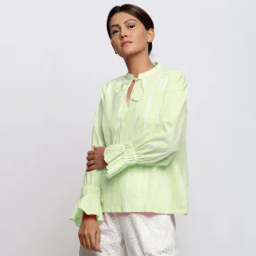 Green Hand Tie-Dye Cotton Mandarin Collar Blouson Top