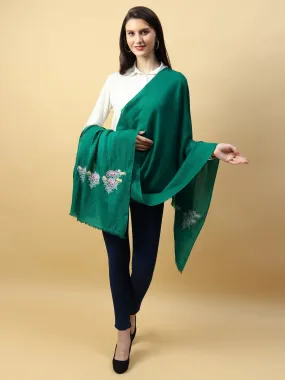 Green Pure Pashmina Shawl with hand embroidered floral motifs on either ends