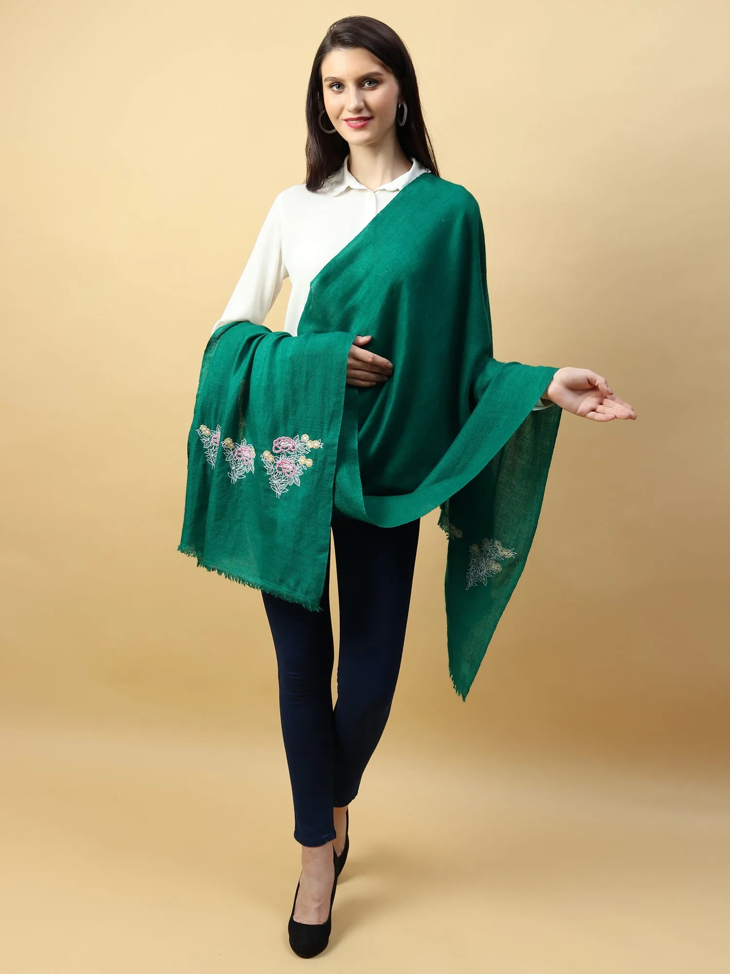 Green Pure Pashmina Shawl with hand embroidered floral motifs on either ends