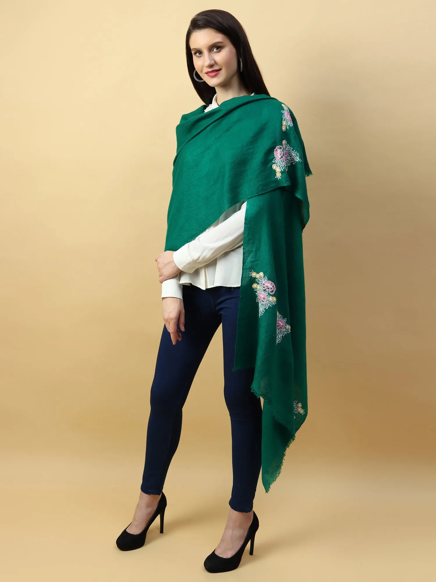 Green Pure Pashmina Shawl with hand embroidered floral motifs on either ends