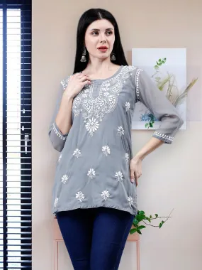 Grey Georgette Chikankari Short Tunic with Inner Slip