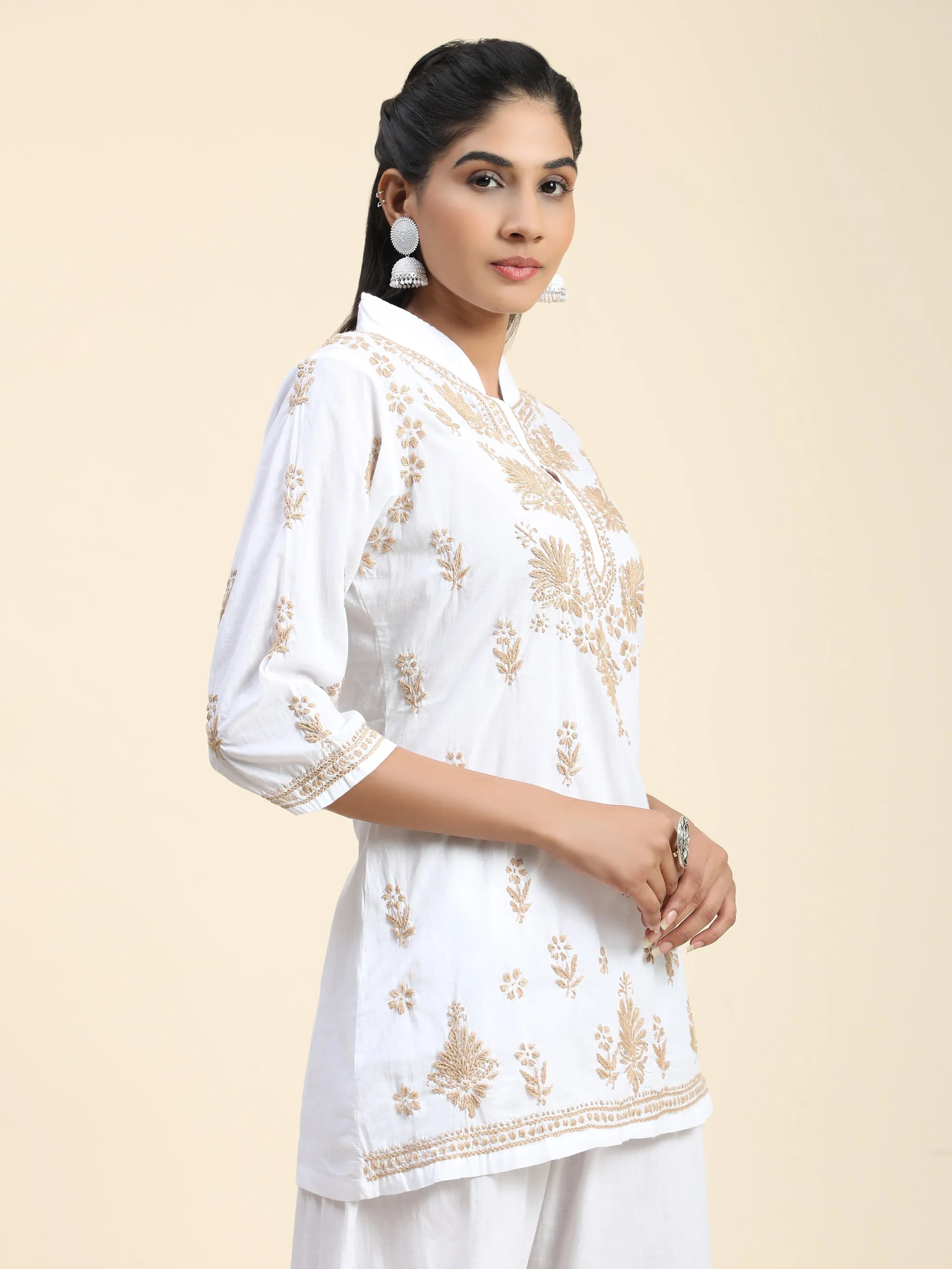 Hand Embroidery Chikankari Printed Short Cotton Tunics-White With Golden