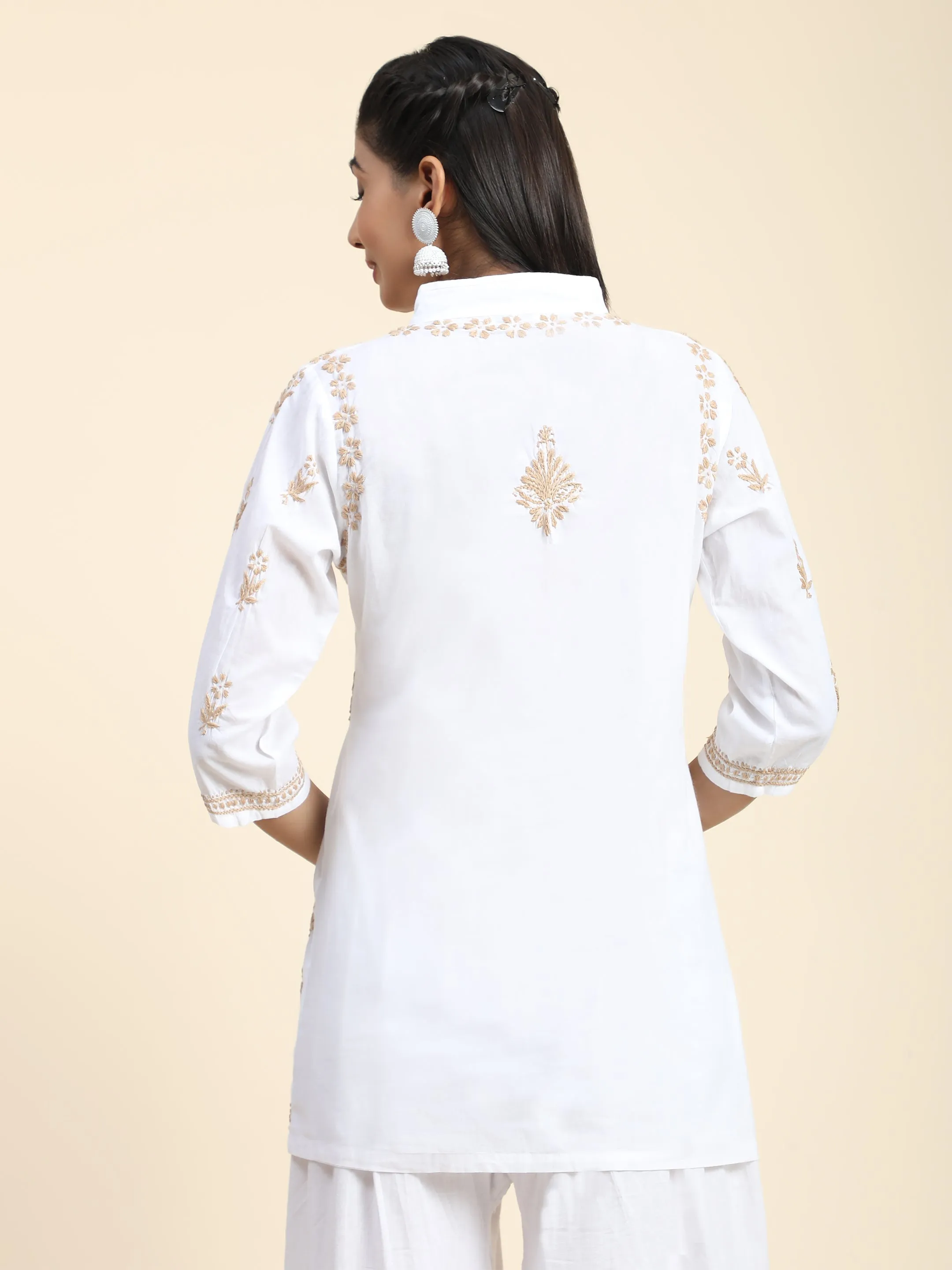 Hand Embroidery Chikankari Printed Short Cotton Tunics-White With Golden